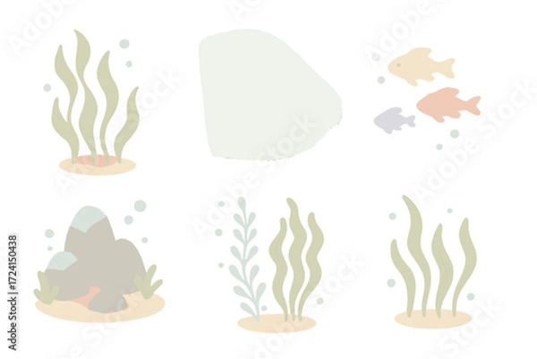 Fototapeta Ocean Forest Icons. Isometric vector illustration set Ocean forest scenery: swaying kelp, sunlight rays, colorful fish, rocky