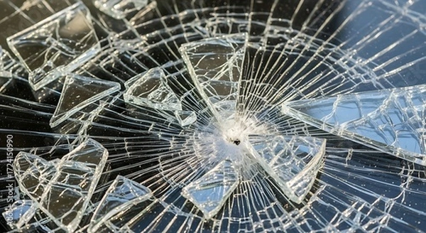 Fototapeta Shattered Glass Texture with Radial Cracks on a Black Surface Display