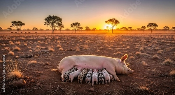 Fototapeta Sow nursing piglets in a rural landscape at sunrise, serene farm life