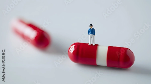 Fototapeta Miniature figure standing atop a large pill capsule, emphasizing the importance of medication and healthcare. Another capsule is blurred in the background.