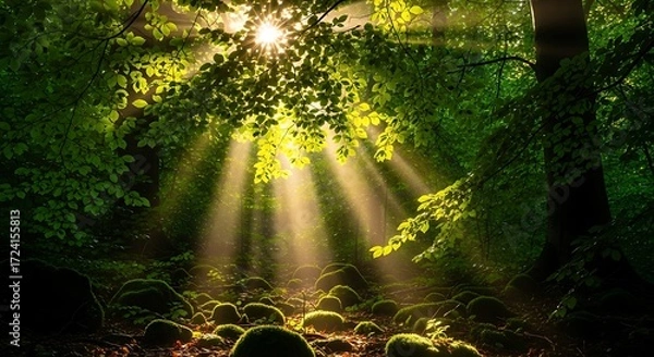 Fototapeta Sunlight filtering through green canopy in a serene enchanted woodland