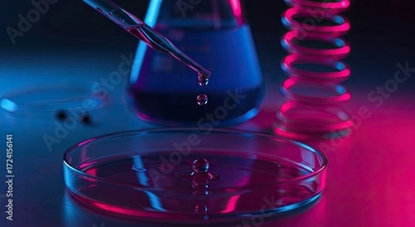 Fototapeta Close up of laboratory equipment with colorful lighting and a dropper adding liquid to a petri dish