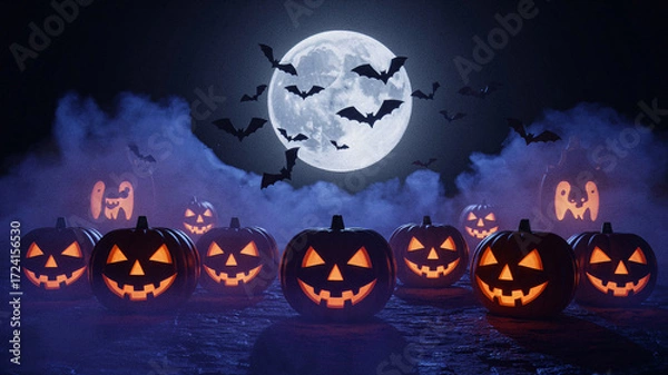 Fototapeta Spooky cinematic Halloween night scene with glowing jack-o-lantern pumpkins under full moon, flying bats and eerie mist, perfect seasonal festive celebration background