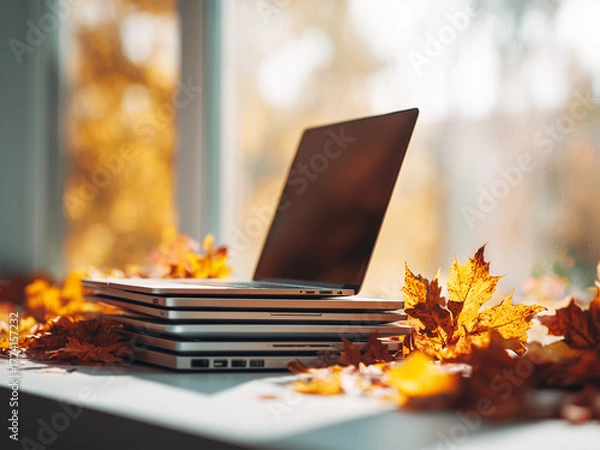Fototapeta stack of  Laptop on light background with autumn leaves scattered around, warm cozy autumn vibe, sunlight, realistic photo style
