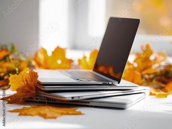 Fototapeta stack of  Laptop on light background with autumn leaves scattered around, warm cozy autumn vibe, sunlight, realistic photo style