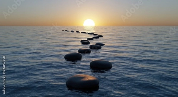 Fototapeta Stepping stones lead across calm ocean water towards a bright sun setting on the horizon