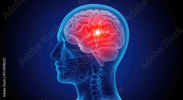 Fototapeta Digital illustration of a human head profile with a glowing red area of pain or activity in the brain