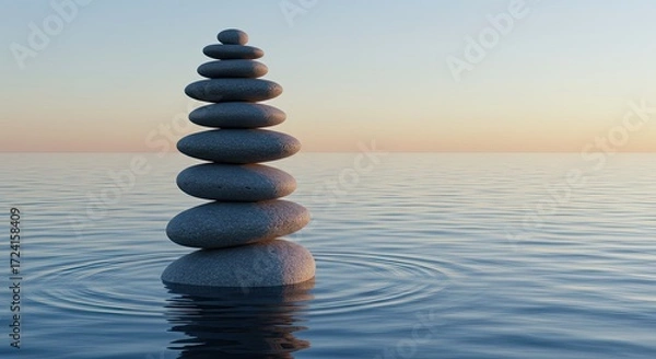 Fototapeta Zen stone stack balanced on calm water surface at sunset with gentle ripples