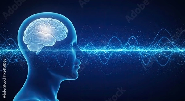 Fototapeta Abstract visualization of human brain activity and neural network connections with glowing blue energy waves
