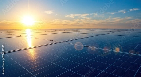 Fototapeta Vast solar panel array reflecting the golden sun and blue sky at sunset