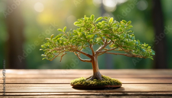 Fototapeta Serene Miniature Tree On Wooden Surface With Delicate Branches And Leaves