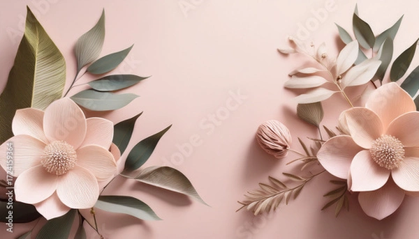 Fototapeta Ethereal Botanical Elegance A Minimalist And Elegant Composition Features Delicate Botanical Elements With Soft Pastel Hues And Textured Details