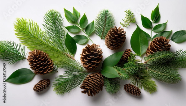 Fototapeta Beautiful Arrangement Of Various Green Leaves And Pine Cones On White Background Creating Natural And Fresh Atmosphere