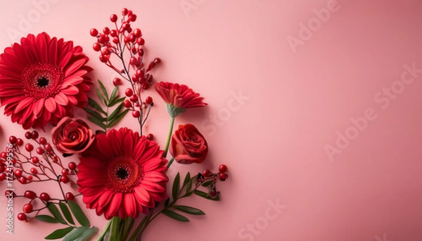 Fototapeta Happy Anniversary Red Gerbera Daisies And Sprigs Of Red Berries On A Pink Background