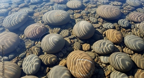 Fototapeta Underwater reflections on river stones creating mesmerizing patterns.