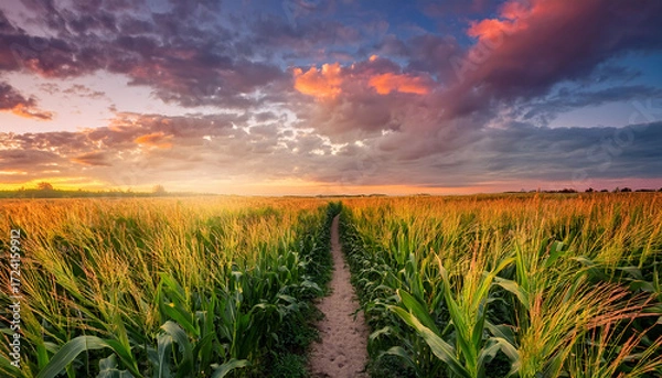 Fototapeta Pathway Through Tall Green Cornfield During Golden Sunset With A Colorful Sky And Soft Clouds