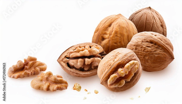 Fototapeta Walnuts Falling On Transparent Background Whole And Broken With Kernel