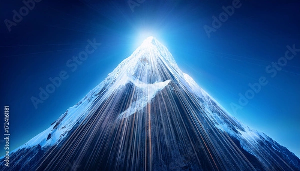 Fototapeta Luminous Crystal Mountain Peak With Ethereal Light Pathways Leading To Summit Representing Achievement And Spiritual Ascension Journey