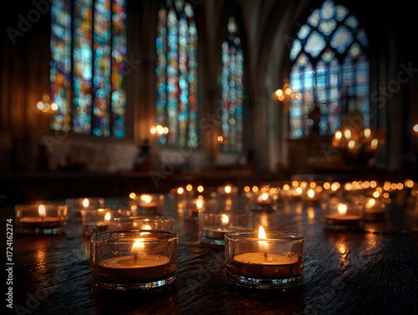 Fototapeta Digital photo of the burning candles on the altar of a Catholic church in the background of the stained glass windows