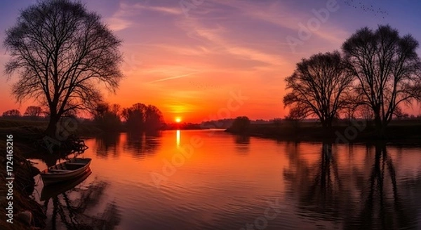 Fototapeta Vivid sunset reflecting across a serene river with bare trees and boat