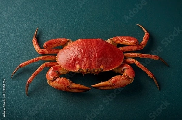 Fototapeta cooked crab placed on a textured, dark teal surface. The crab is centered in the frame, showcasing its vibrant red-orange shell	