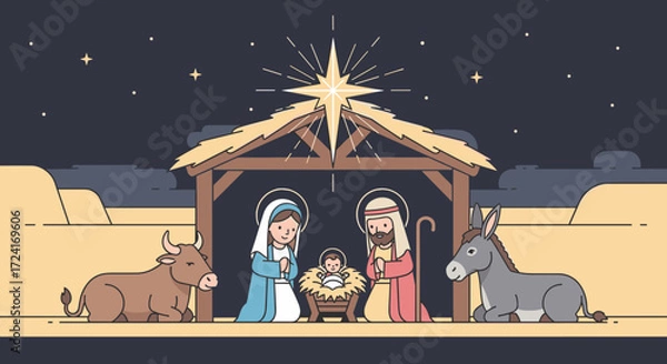Fototapeta Nativity scene with mary joseph jesus donkey and ox under starry sky