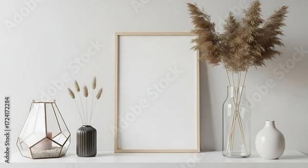Fototapeta Shelf decor with empty picture frame, vases, and dried plants interior empty frame
