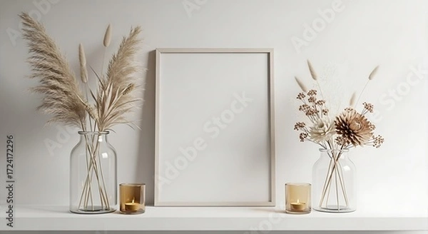 Fototapeta Shelf Decor with Dried Flowers, Candles, and Blank Frame Keywords: dried flowers, pampas grass, frame