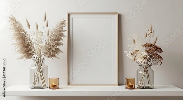Fototapeta Shelf Decor with Pampas Grass, Candles and Blank Picture Frame Mockup dried flowers vase