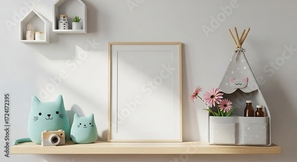 Fototapeta Shelf with framed picture, plush toys, and decorative items wooden shelf picture frame