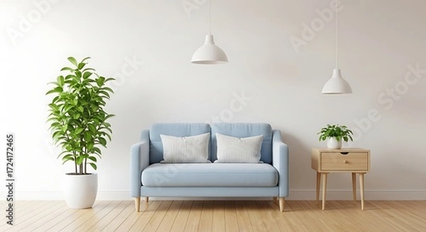 Fototapeta Small Blue Sofa With Striped Pillows And Side Table With Plant couch light blue