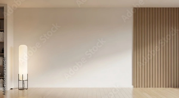 Fototapeta Sunlight Casting Shadows on Wall with Floor Lamp and Wood Panel tall lamp lighting