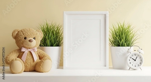 Fototapeta Teddy Bear, Blank Picture Frame, and Alarm Clock on Shelf pink bow blank frame