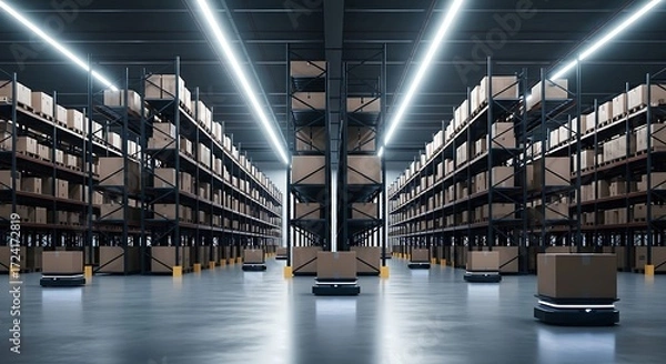 Fototapeta Warehouse Interior with Automated Robots and Cardboard Boxes warehouse robots logistics