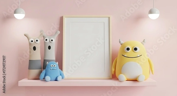 Fototapeta Whimsical Pink Shelf Display with Cute Monsters and Blank Frame pink wall stuffed toys