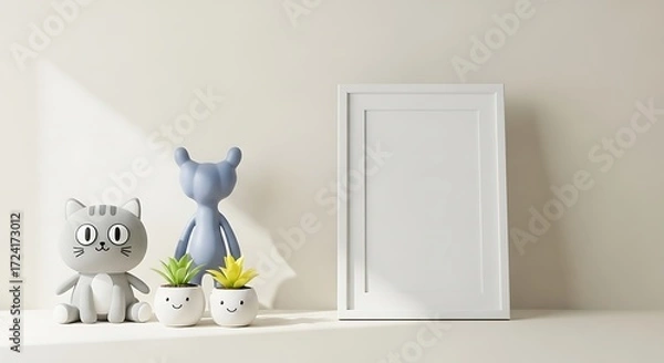 Fototapeta White picture frame with cute cat and bear figurines and potted plants empty frame white frame