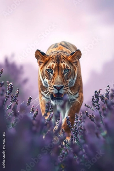 Fototapeta Lioness Stalking Through Lavender Field