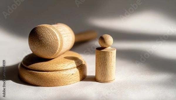 Obraz A light-toned wooden gavel rests on its stand, juxtaposed with a smaller wooden figure, evoking a sense of justice and balance.