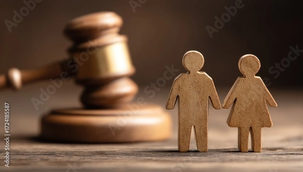 Obraz Wooden figures of a couple stand in front of a gavel, symbolizing a legal proceeding or family law case.