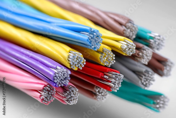 Fototapeta Vibrant multi colored power wires arranged in closeup studio composition