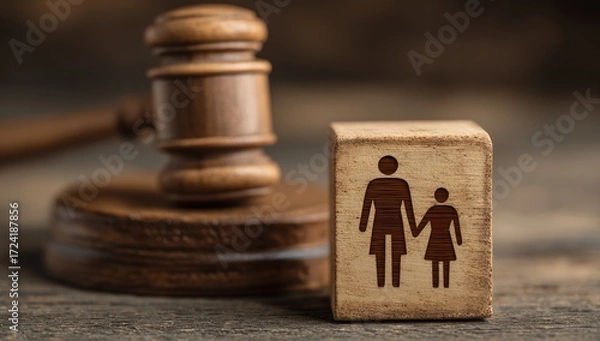 Obraz Wooden block with family silhouette juxtaposed against a judge's gavel, conveying a concept of legal matters concerning families.