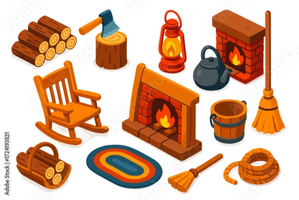 Obraz Rustic Cabin Essentials. Isometric vector illustration set Rustic Cabin Supplies: woodpile, chopping stump, hatchet, lantern,