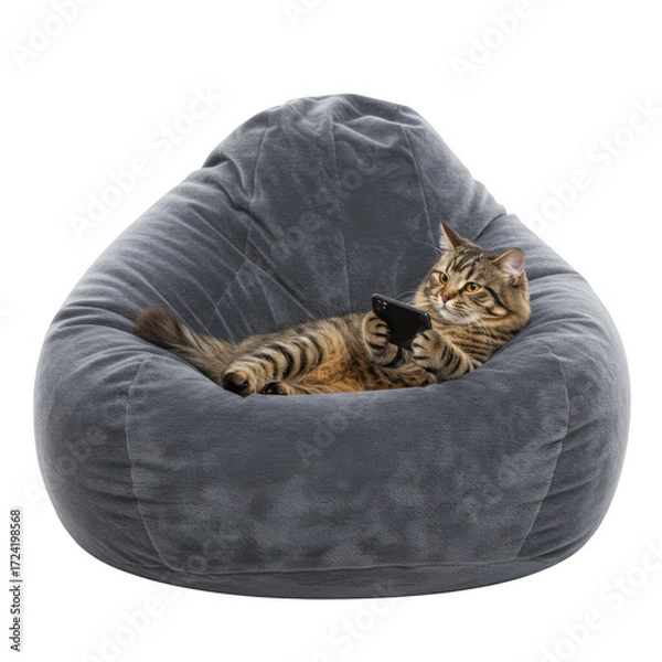 Fototapeta Tabby cat relaxing in beanbag chair with smartphone isolated on transparent background