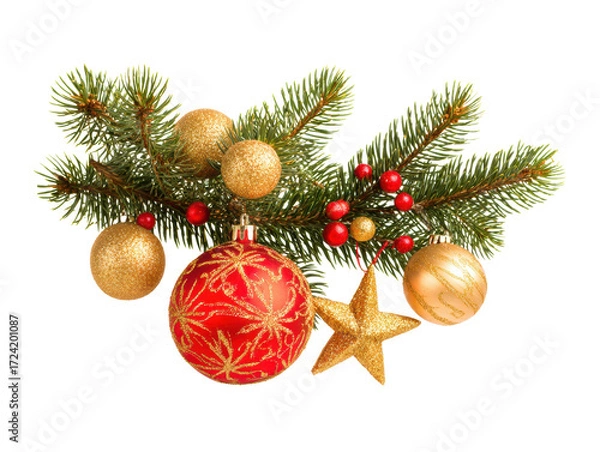 Obraz Festive Christmas decor with ornaments and pine branches on a transparent background, cut out