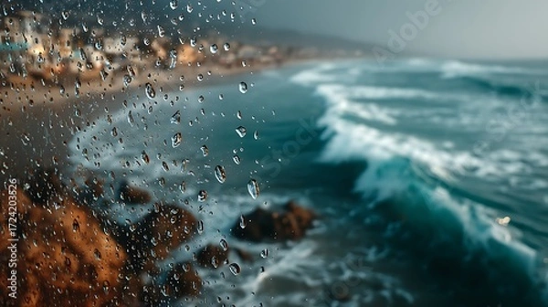 Fototapeta Raindrops closeup with ocean high resolution picture