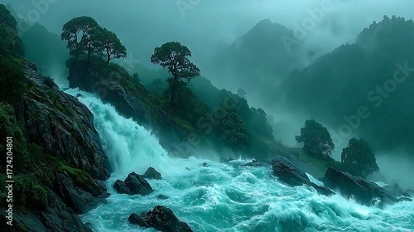 Fototapeta Rushing waterfall with rocky cliffs high resolution picture