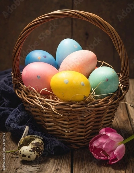 Fototapeta Colorful Easter eggs in a basket