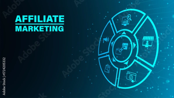 Obraz Affiliate marketing concept with icons. Pay per click, buyer, publisher, link, advertising, website, SEO, merchant. Web vector infographic