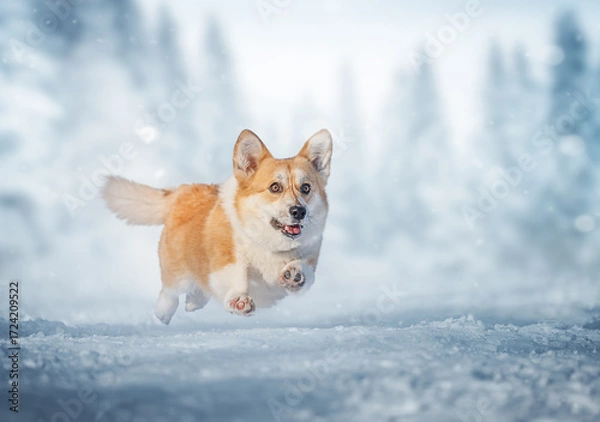 Fototapeta Happy corgi jumping over snowy forest, winter wonderland full of joy and magic