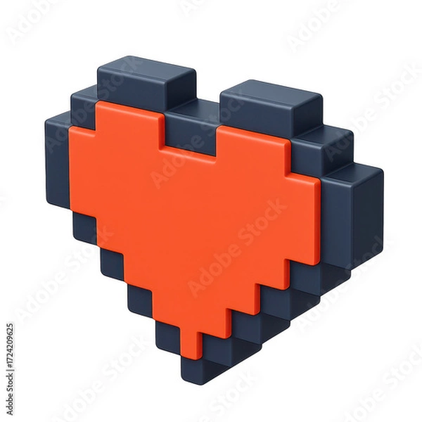 Fototapeta A 3D pixelated heart shape in orange and dark colors, symbolizing love or affection.